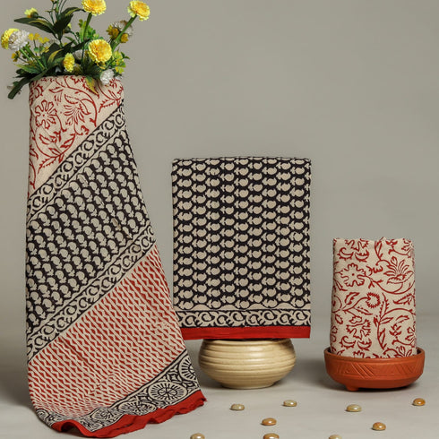 Elegant Hand Block Print Cotton Suit Set with Mulmul Dupatta (PRMUL110)